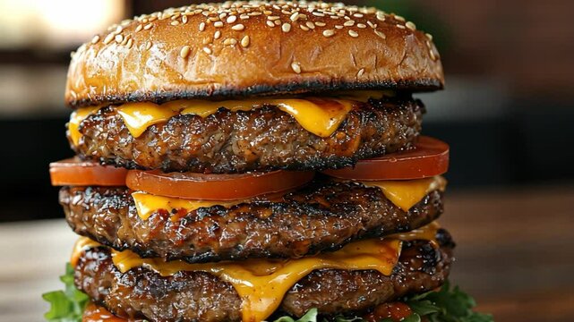 homemade big high burger tower stack with too many layers, kitchen background