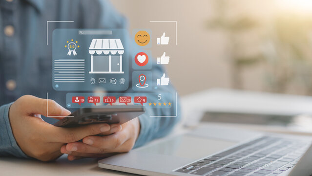 Local SEO, and consumer experience in online business reviews. local business reviews and customer feedback system on mobile devices, showcasing star ratings for small businesses. Digital marketing.