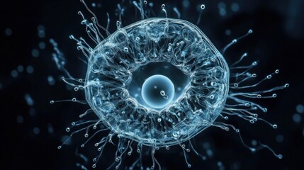A serene microscopic image of a human egg cell surrounded by sperm, captured with incredible clarity