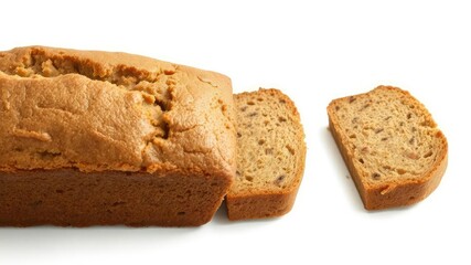 Freshly baked banana bread loaf isolated on a white background, delicious, baked, homemade
