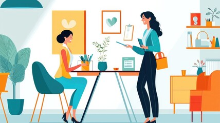 Two women engaged in a friendly conversation in a bright office.