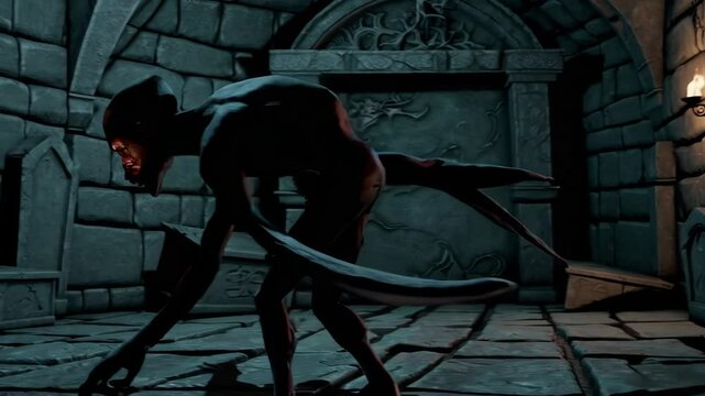 Dark shadow creature with glowing eyes crawling in an ancient crypt corridor


