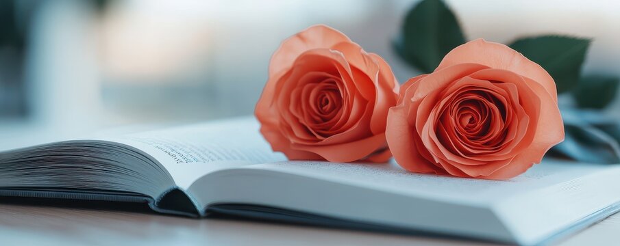 A pair of soft orange roses rests on an open book, creating a serene and romantic atmosphere.