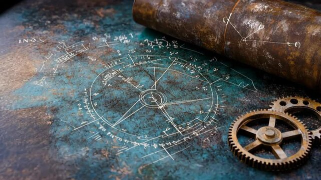 abstract background vintage gears on rustic vintage book or paper with complex equation mathematic on it, problem solving for business and innovative concept