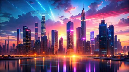 Fototapeta premium Fantastical cityscape at sunset with towering skyscrapers and neon lights, buildings, urban jungle