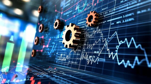 abstract background innovative futuristic technology or business management concept, gears with neon light and complex equation mathematic background