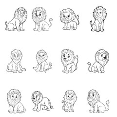 set of animals lion cartoon illustration on white background 