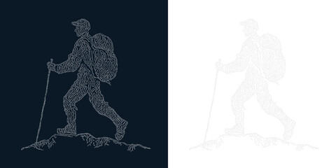 Hiker navigating rocky terrain with a backpack and trekking pole during an outdoor adventure