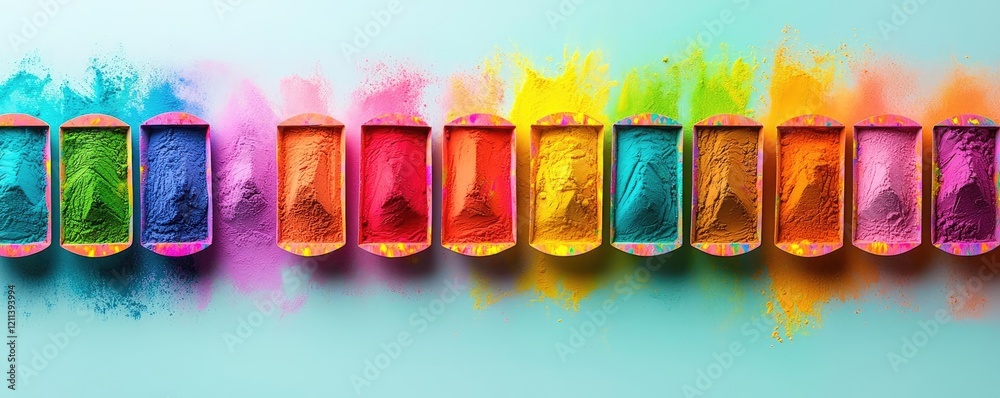 Poster rainbow holi idea. vivid colored powders arranged in a line, ready for creative art projects.
