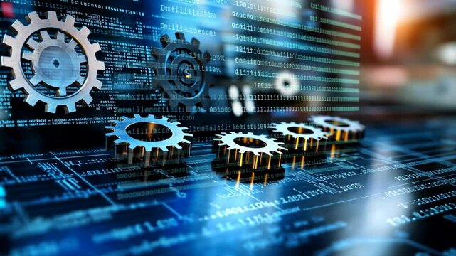 abstract background innovative futuristic technology or business management concept, gears with neon light and complex equation mathematic background