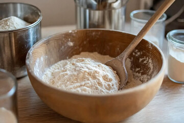 rustic close-up of baking flour in wooden bowl with spoon for homemade bread preparation and ingredients 
