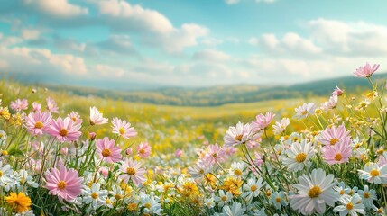 Obraz premium Pastel spring concept. A vibrant field of colorful flowers under a blue sky, showcasing nature's beauty.