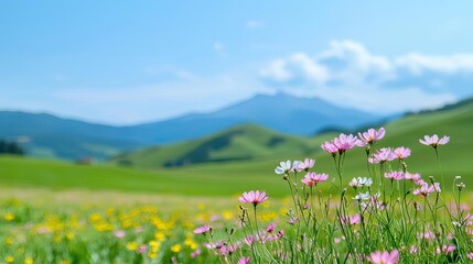 Fototapeta premium Pastel spring concept. Vibrant flowers adorn a serene landscape with mountains and blue sky in the backdrop.