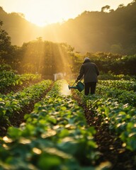 Fototapeta premium A serene photo of a gardener watering rows of leafy greens with a vintage watering can in golden light