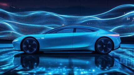 Sleek electric car showcased in a futuristic, neon-lit setting.