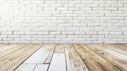 Fototapeta premium White brick wall and light brown wooden floor.