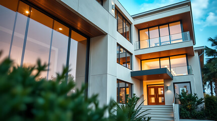 Fototapeta premium Luxury Modern House Exterior: Contemporary Home Design and Architecture. Stunning Villa with Evening Lighting and Landscaping