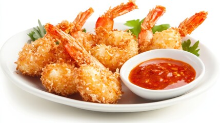 A plate of crispy coconut shrimp with a golden coconut crust and a side of sweet chili dipping sauce, Each shrimp’s crunchy coating and juicy interior captured with precision