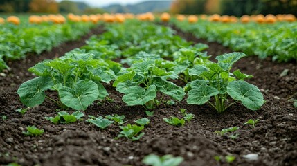Pumpkin Patch: Young Pumpkin Plants Growing in Rows