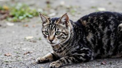 Stray Tabby Cat Resting, Photography of Relaxed Feline on the Ground