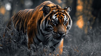 Naklejka premium A majestic tiger with vibrant orange and black stripes walking in a dark forest