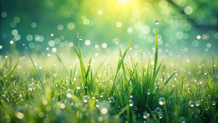 A Vibrant Meadow of Dew-Kissed Grass Blades Basking in the Soft Glow of Morning Sunlight