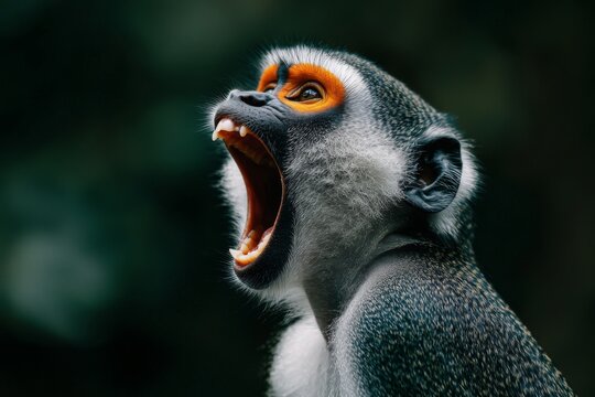 Monkey yawning in a lush forest during daylight, showcasing uniqueness and vibrant features