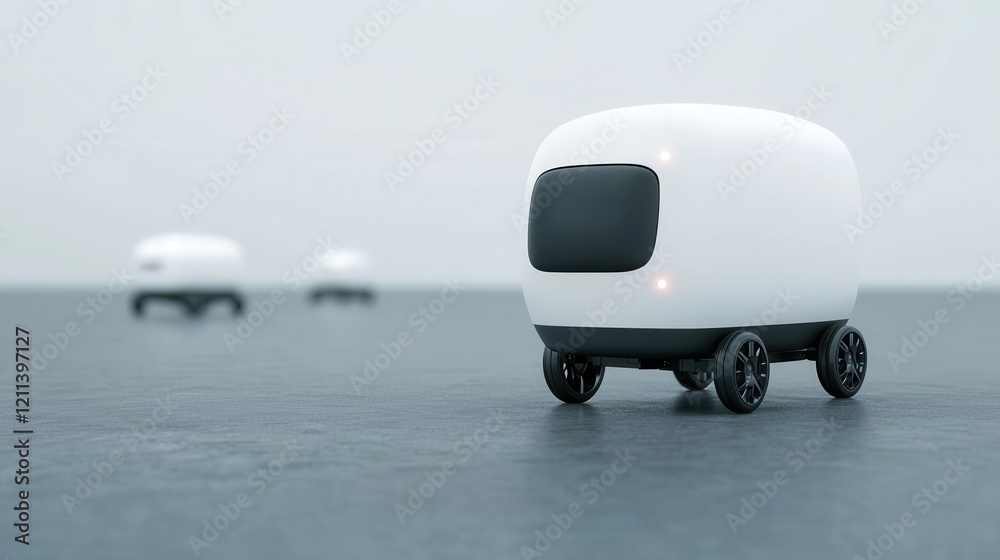 Poster A futuristic scene featuring small, autonomous delivery robots on a smooth surface, showcasing modern design and technology.