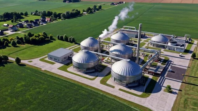 Aerial view of a biogas plant in a rural setting with large digesters processing renewable energy

