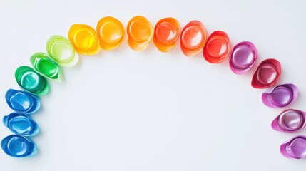 An artistic display of rainbow-colored condoms forming a perfect arc, representing the LGBTQ pride flag on a plain white backdrop.