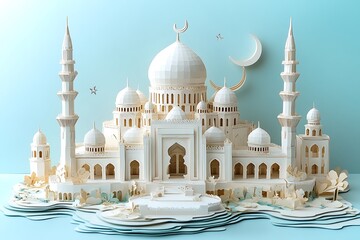 Naklejka premium 3d modern Islamic banner, suitable for Ramadan, Eid al Fitr, and Eid al Adha with mosque, lantern, crescent moon,