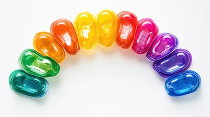 An artistic display of rainbow-colored condoms forming a perfect arc, representing the LGBTQ pride flag on a plain white backdrop.