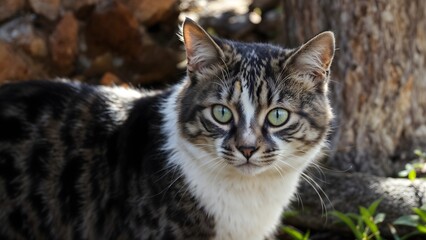 Stray Cat Photography, Tabby Cat with Green Eyes Standing in Grass Nature Shot