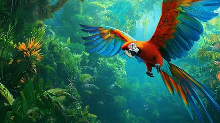 A colorful parrot flying through a lush green jungle