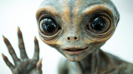 Close-up of a friendly alien creature with large eyes and gray skin waving.