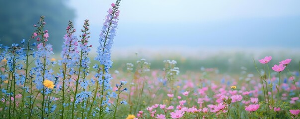 Pastel spring concept. A vivid array of wildflowers in a serene, misty landscape, celebrating nature's beauty.
