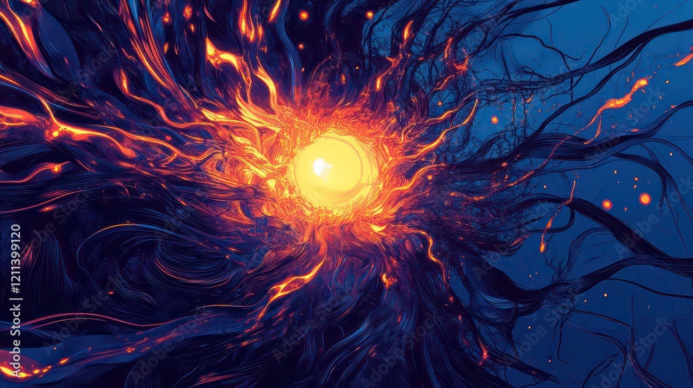 Poster abstract fiery vortex with glowing core and swirling tendrils.