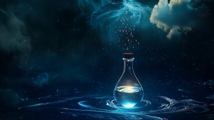 A glass bottle with a small hole in the top is floating in a body of water