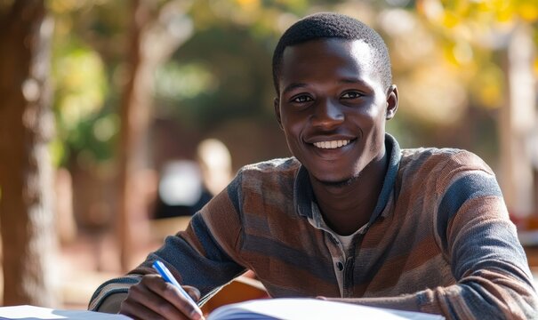 Smiling African student studying for an exam on campus, Generative AI
