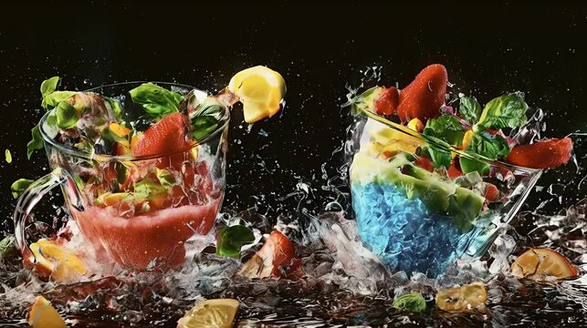 Fruity summer drinks splashing, vibrant colors, dark background, refreshing beverage