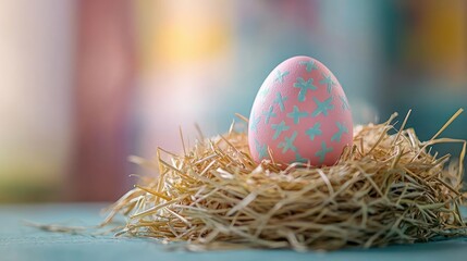 Fototapeta premium Pastel spring concept. Decorative Easter egg resting in a cozy straw nest on a colorful background.