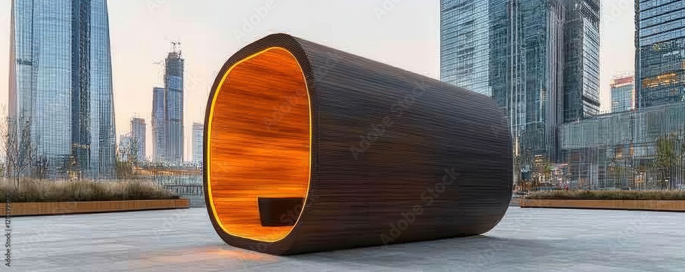 Poster a modern cylindrical wooden structure illuminated from within, set against a backdrop of tall buildi
