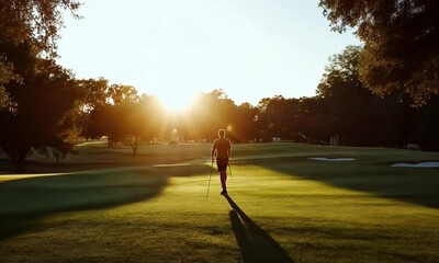 Golfer walking on golf course at sunset, long shadows cast across the green grass