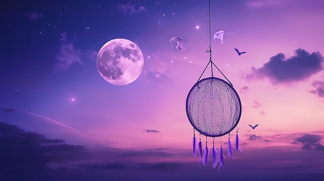 A purple dream catcher hangs from a string in the sky above a large moon