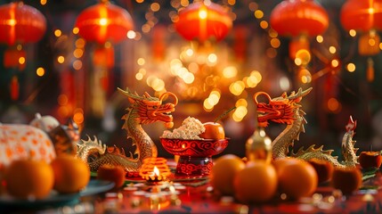 Vibrant Chinese New Year celebration scene with glowing lanterns and festive decorations