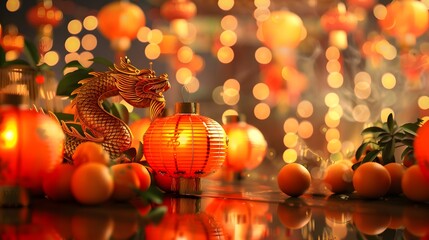 Obraz premium A lively Chinese New Year scene with illuminated lanterns and colorful festive decorations