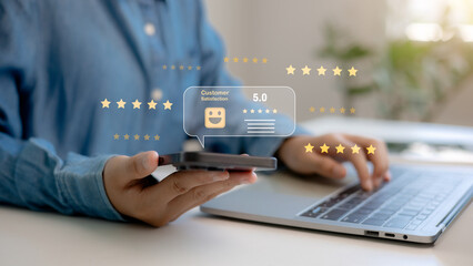 Customer review good rating concept, person using a smartphone to view a 5-star customer review. positive customer feedback, testimonial and testimony, user comment and feedback for review.
