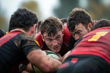 Obraz premium Rugby players supporting each other in a scrum during a match