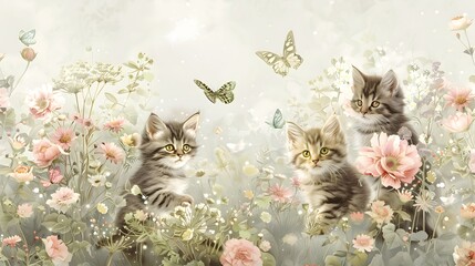 Whimsical and vibrant cat wallpaper with playful kittens in an imaginative, colorful environment