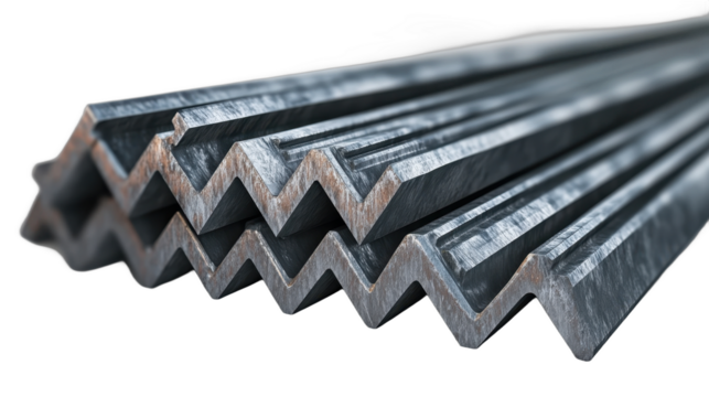 Close-up of steel angles stacked for construction or manufacturing purposes. transparent background